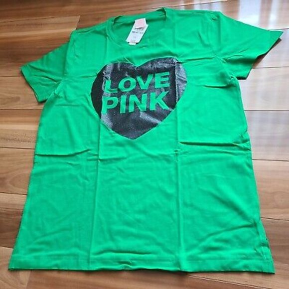 Victoria's Secret LOVE PINK Green St PATRICK'S DAY Black Glitter Heart T-SHIRT L - Picture 7 of 12